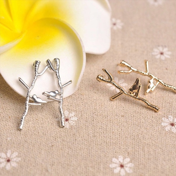 Bird on Branch Gold or Silver Minimalist Earrings - Picture 6 of 8